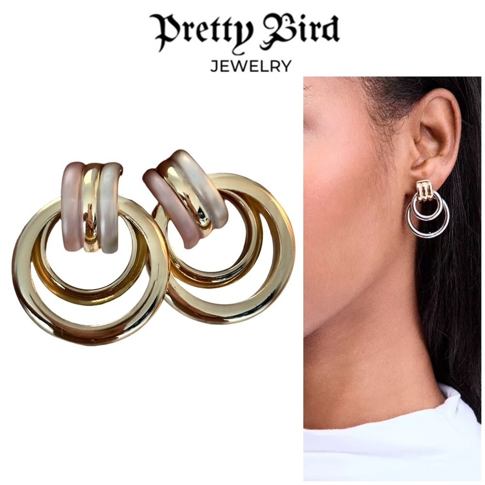 Pretty Bird Jewelry Gold Gray and Pink Triple Hoop Earrings